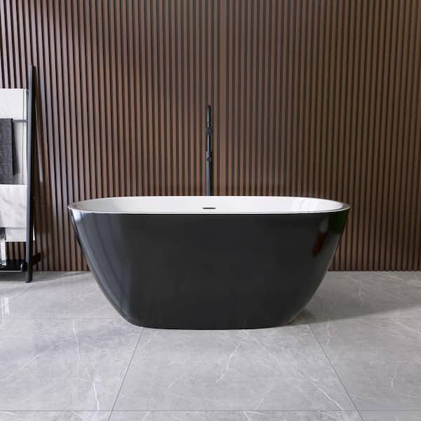 Xspracer Moray 55 in. x 29 in. Acrylic Flatbottom Freestanding Soaking Non-Whirlpool Bathtub with Pop-up Drain in Glossy Black