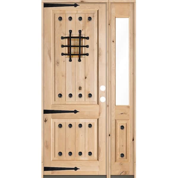 Krosswood Doors 44 in. x 96 in. Mediterranean Alder Sq Clear Low-E Unfinished Wood Left-Hand Prehung Front Door with Right Half Sidelite
