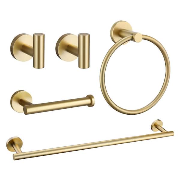 5-Piece Wall Mount Stainless Steel Bathroom Towel Rack Set in Brushed Gold