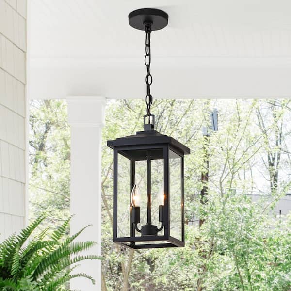 16.25 in. 2-Light Black Outdoor Lantern Pendant Light with Glass Shade