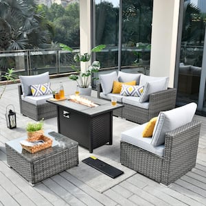 Sanibel Gray 6-Piece Wicker Outdoor Patio Conversation Sofa Sectional Set with a Metal Fire Pit and Light Gray Cushions