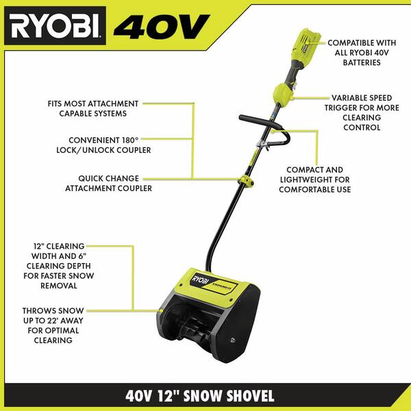 Ryobi 40V 12 in. Cordless Electric Snow Shovel with 4.0 Ah Battery and Charger
