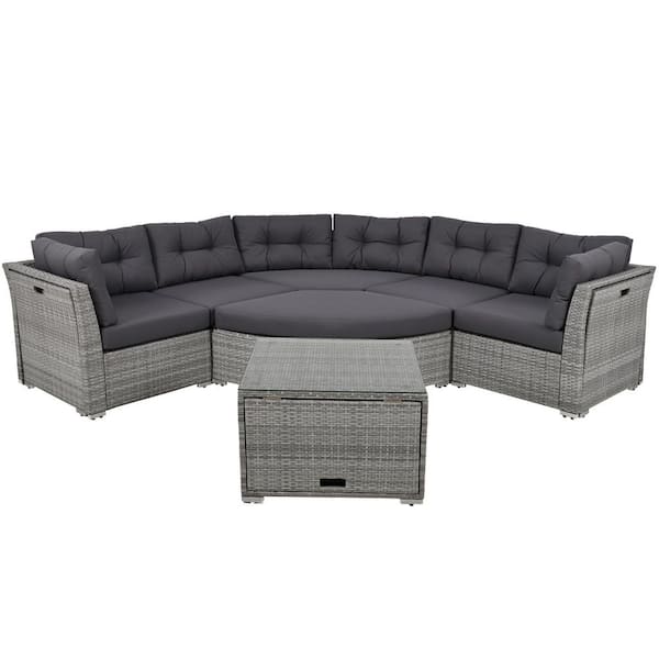 9-Piece Gray Wicker Patio Conversation Set with Gray Cushions and 1 Center Table