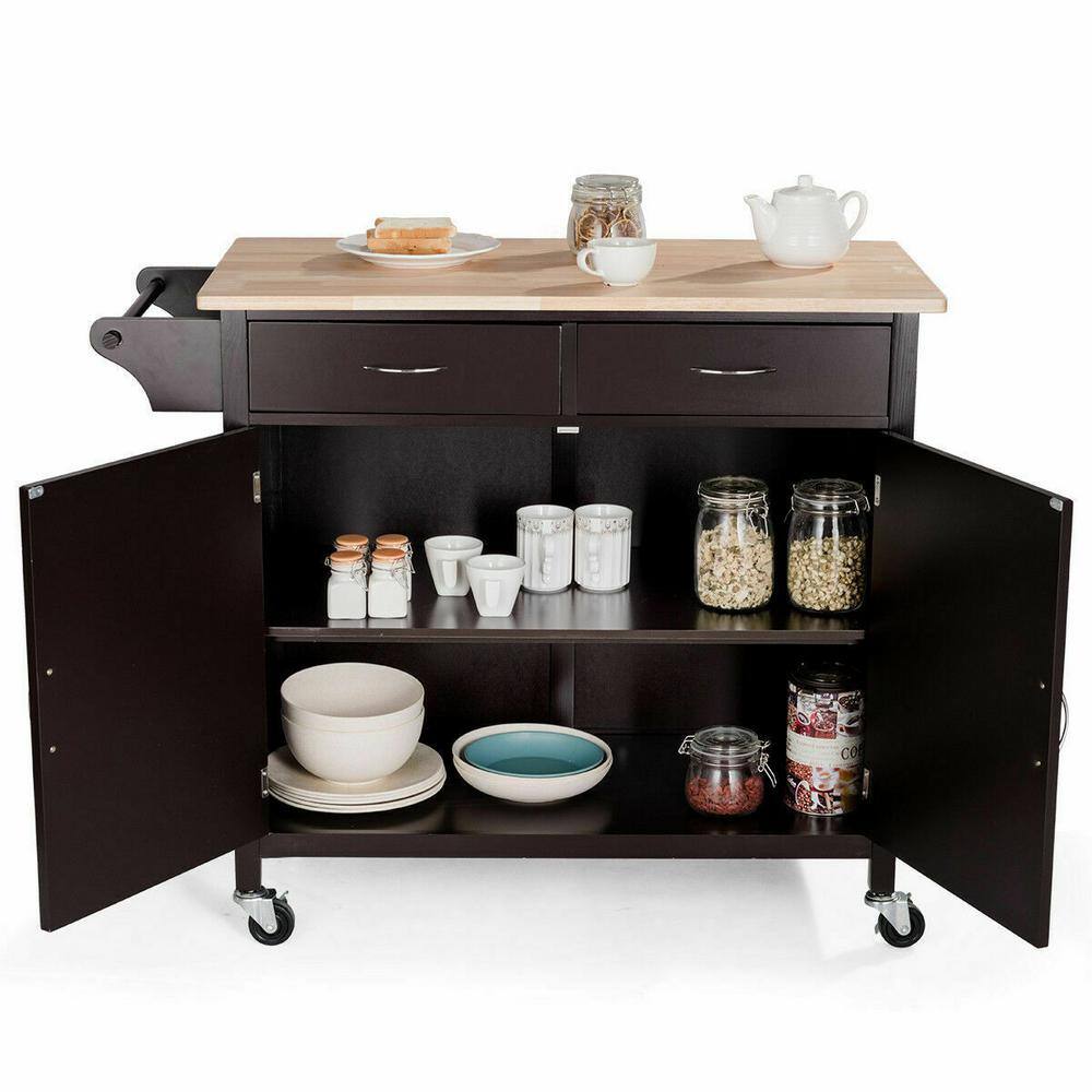 Modern Dark Brown Rolling Kitchen Cart with Wood Top and Storage
