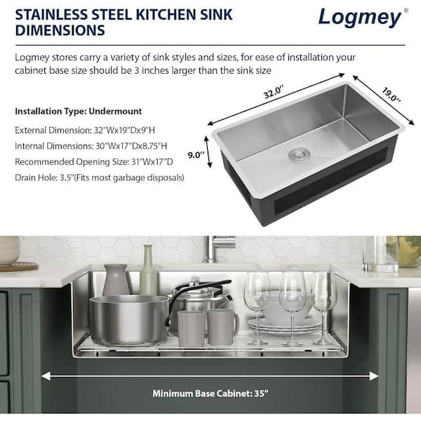 Logmey 16-Gauge Stainless Steel 32 in. Single Bowl Round