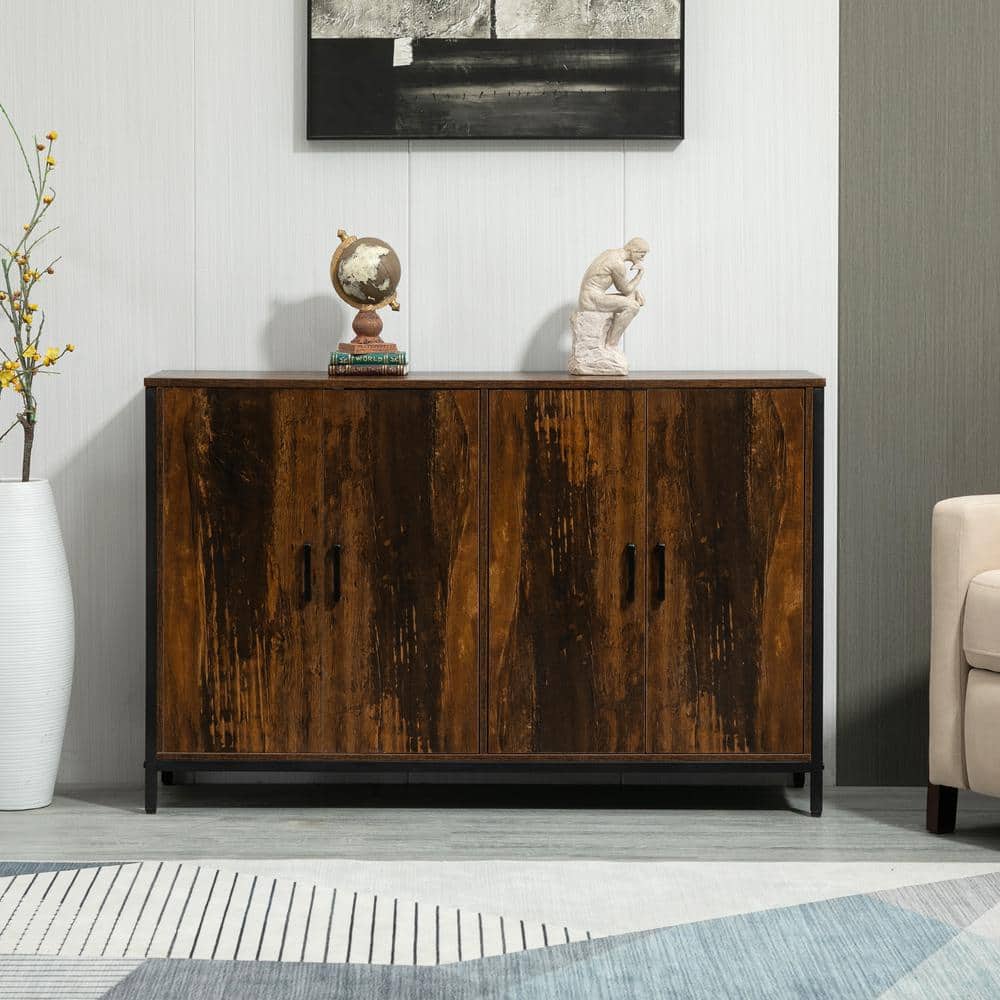 Rustic Brown Steel Frame Buffet Sideboard with Adjustable Shelves