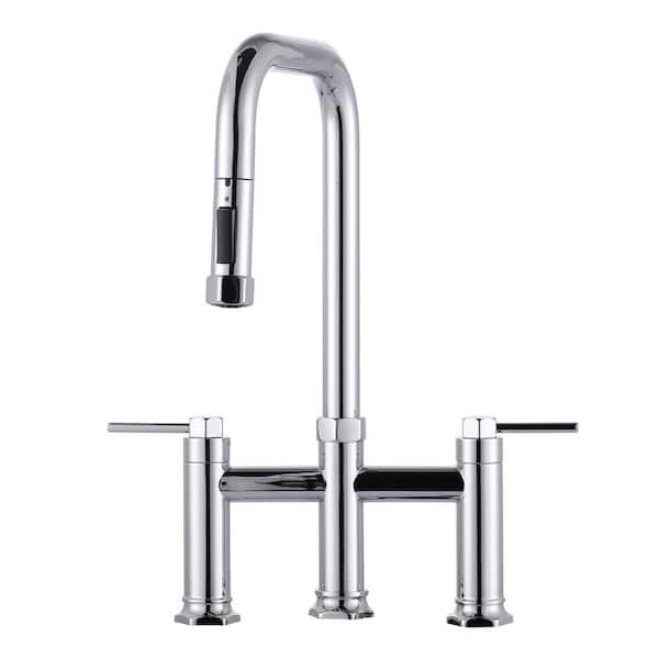 3-Hole 8 in. Double Handle Brass Bridge Kitchen Faucet with 2-Mode Pull Down Sprayer and Supply Lines in Polished Chrome