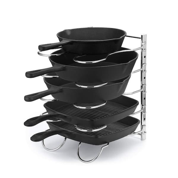 Heavy Duty Chrome Pan Rack, Pot Lid Rack, Kitchen Cabinet Cookware Organizer Rack Holder with 5 Adjustable Dividers