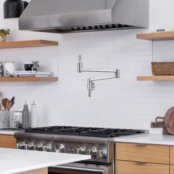 Wall Mounted Pot Filler with Double Handle and Double Joint Swing Arm in Brushed Nickel