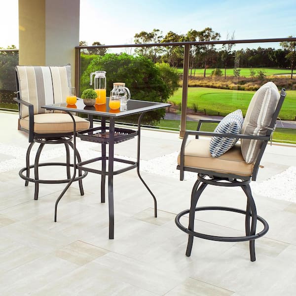 Patio Festival 3-Piece Metal Outdoor Bistro Set with Beige Cushions