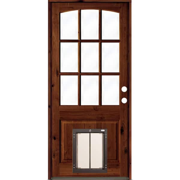 Krosswood Doors 32 in. x 80 in. Knotty Alder Left-Hand/Inswing 9-Lite Clear Glass Red Chestnut Stain Wood Prehung Front Door w/Dog Door