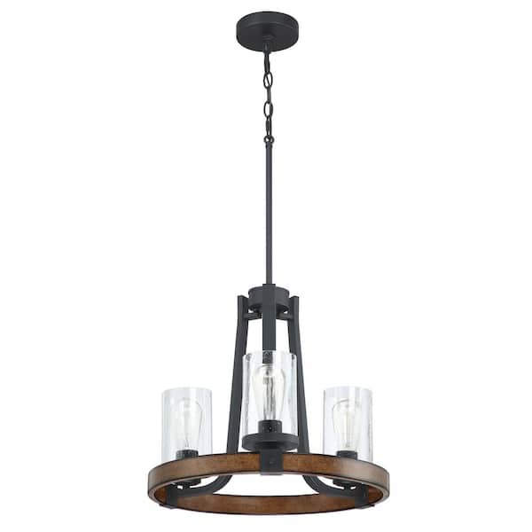 Pia Ricco 3-Light Matte Black Chandelier with Clear Seeded Glass Shades ...