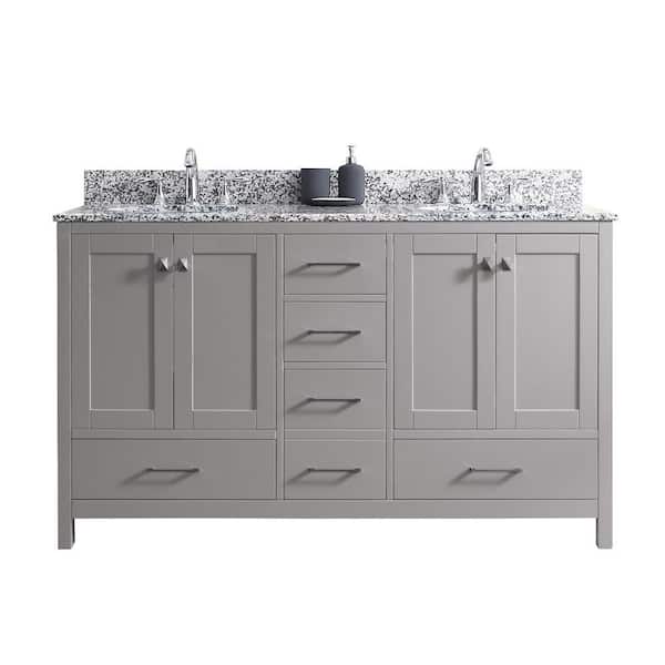 Virtu USA Caroline Madison 60 in. W Bath Vanity in Cashmere Gray with Granite Vanity Top in Arctic White Granite with Round Basin