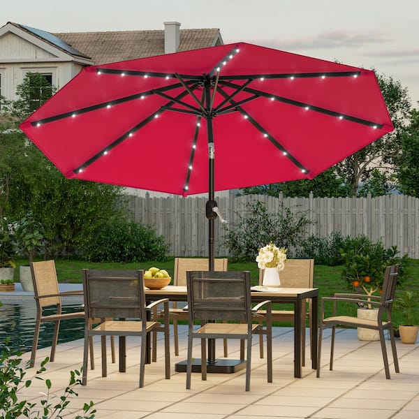 9 foot patio umbrella with solar lights JOYESERY 9 ft. Solar LED Market Patio Umbrellas with Solar Lights and Tilt  Button in Red J-UM-098R-LED