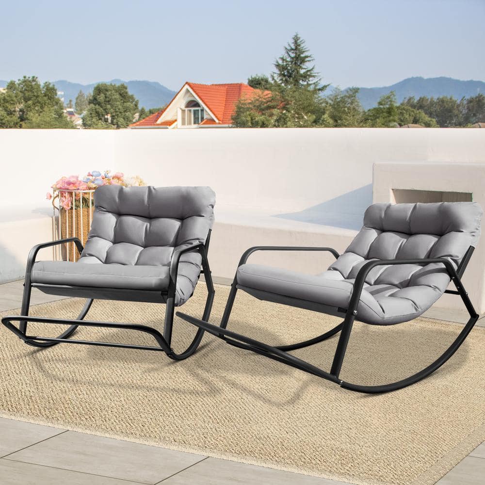 Oversized Gray Metal Outdoor Rocking Chair Papasan Lounge Chair with Grey P
