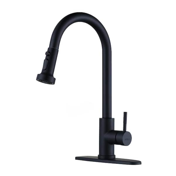 WOWOW Single Handle Deck Mount Gooseneck Pull Down Sprayer Kitchen Faucet Stainless Steel in Matte Black