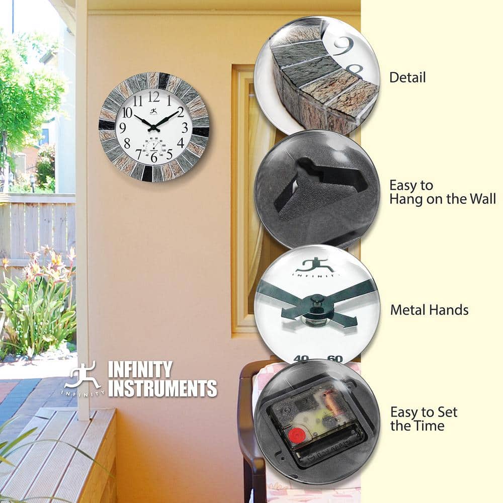 13" Faux Slate Frame Indoor/Outdoor Wall Clock with Thermometer