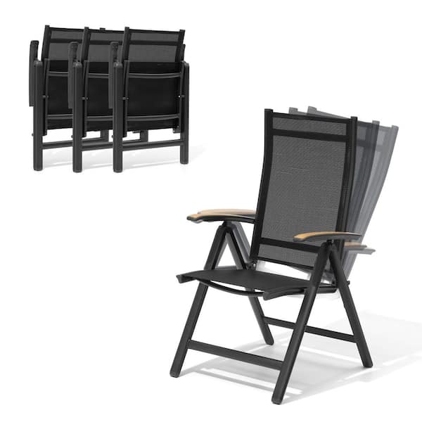 Aluminum Frame Foldable Patio Outdoor Dining Chairs with 8-Adjustable Position and Textilene Fabric, Black (Set of 4)