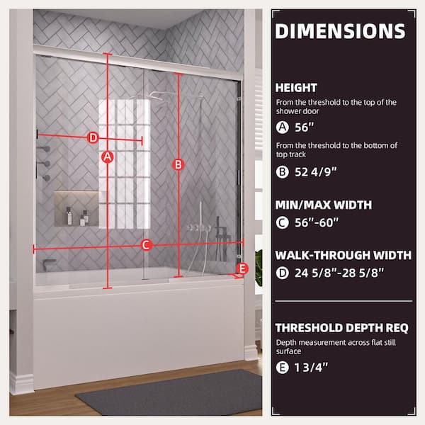 Breeze 60 in. W x 56 in. H Sliding Semi Frameless Tub Door in Chrome Finish with Clear Glass