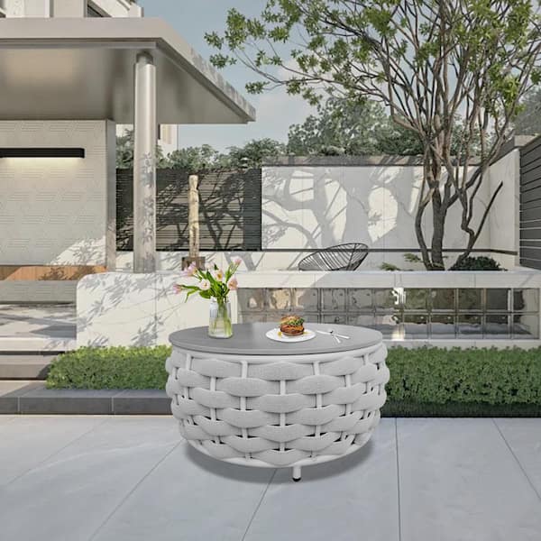 Gray 14 in. X 28 in. Round Aluminum Patio Conversation Table Outdoor Coffee Table with Rock Slab