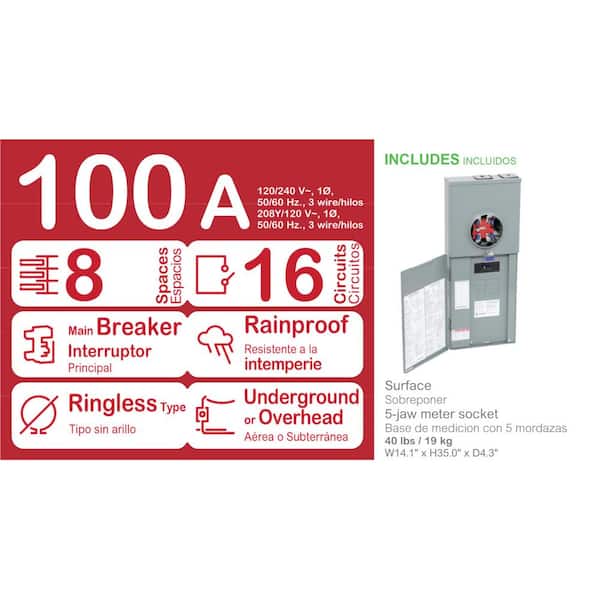 Homeline 100 Amp 8-Space 16-Circuit Outdoor Ringless-Horn Overhead/Underground Main Breaker CSED