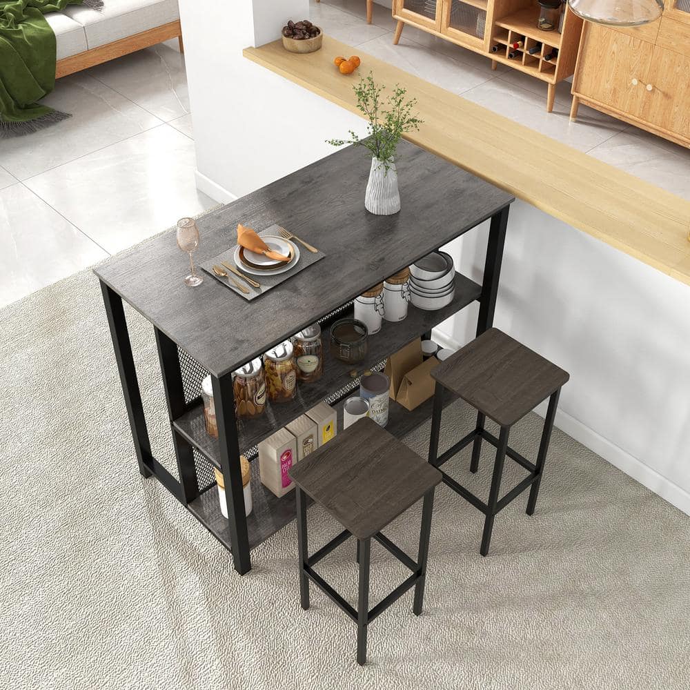 Costway Grey 36 in. Tall 3-Tier Bar Table with Storage Metal Frame