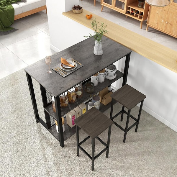 Costway Grey 36 in. Tall 3-Tier Bar Table with Storage Metal Frame Adjustable Foot Pads
