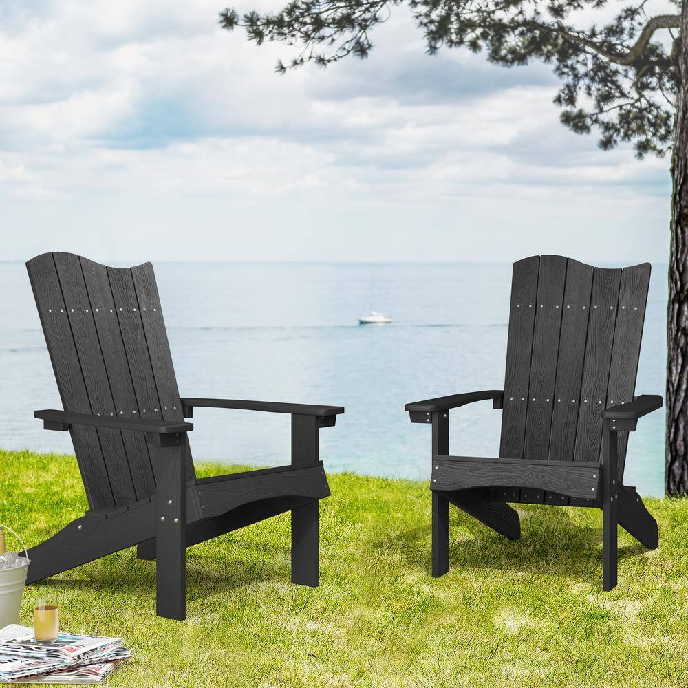 LUE BONA Wave Design Black Plastic Adirondack Chair (Set of 2) Weather