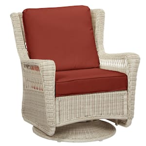 Park Meadows Off-White Wicker Outdoor Patio Swivel Rocking Lounge Chair with Sunbrella Henna Red Cushions