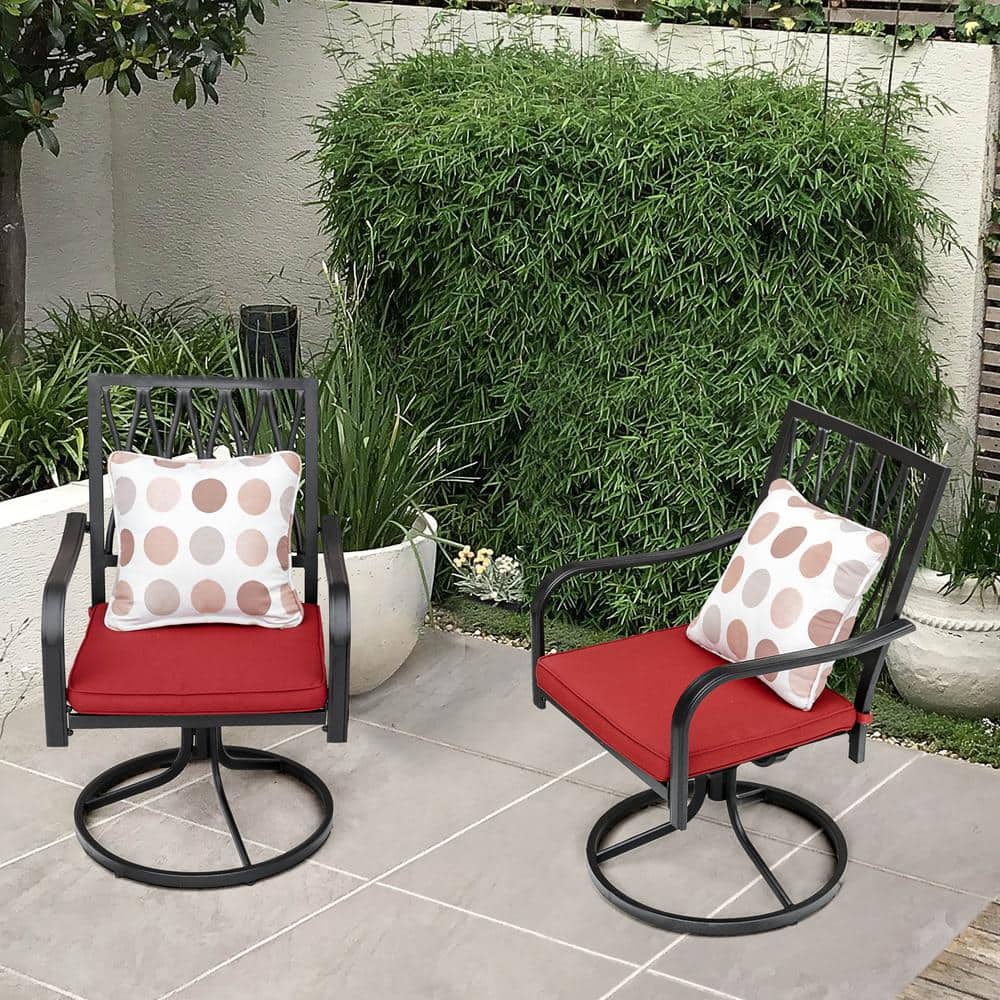 Black and Red Iron Swivel Dining Chairs with Cushions, Set of 2