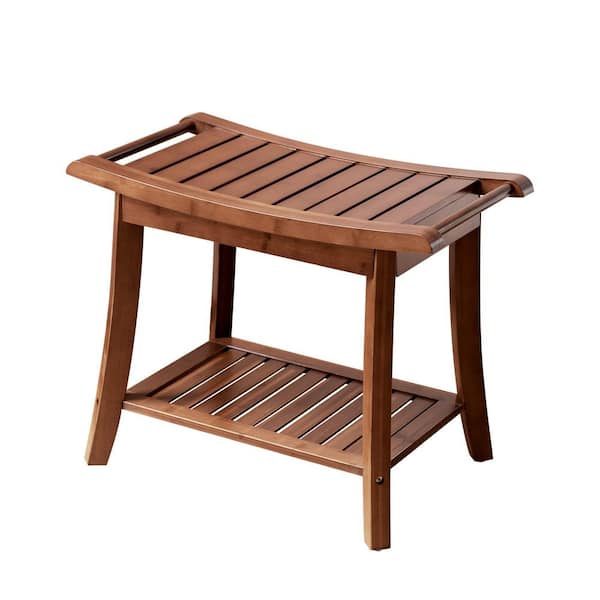Bamboo Shower Bench Stool with Storage Shelf in Brown, Waterproof Shower Chair Spa Bath Seat Excellent for Indoor