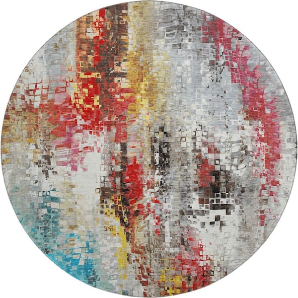 Mayfield Premium Machine Washable Abstract AMF2254 Silver 8 ft. x 8 ft. Round Rug