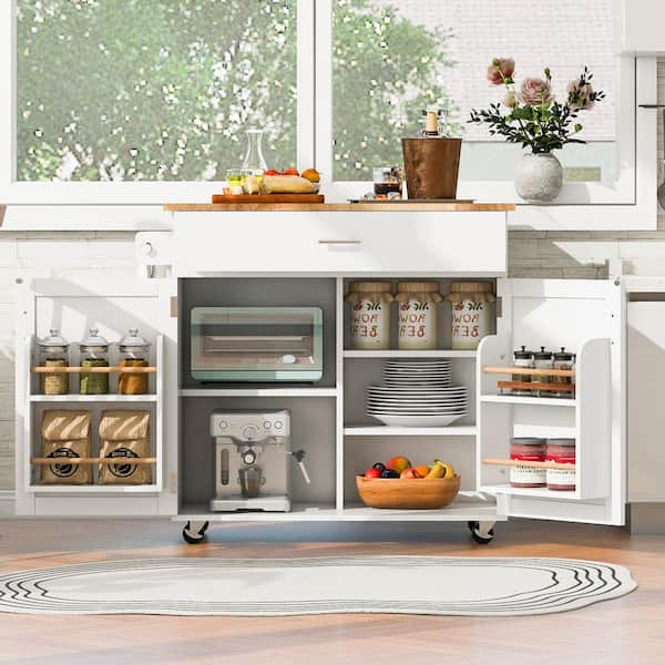 Modern White Wood 39 in. Interior Storage Rack Kitchen Island Adjustable Shelves Kitchen Cart with Compartment Drawer