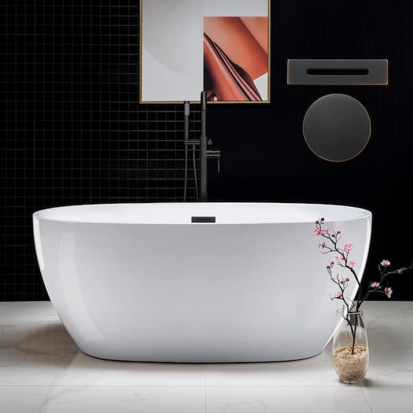 WOODBRIDGE Olivet 59 in. Acrylic FlatBottom Double Ended Bathtub with Oil Rubbed Bronze Overflow and Drain Included in White