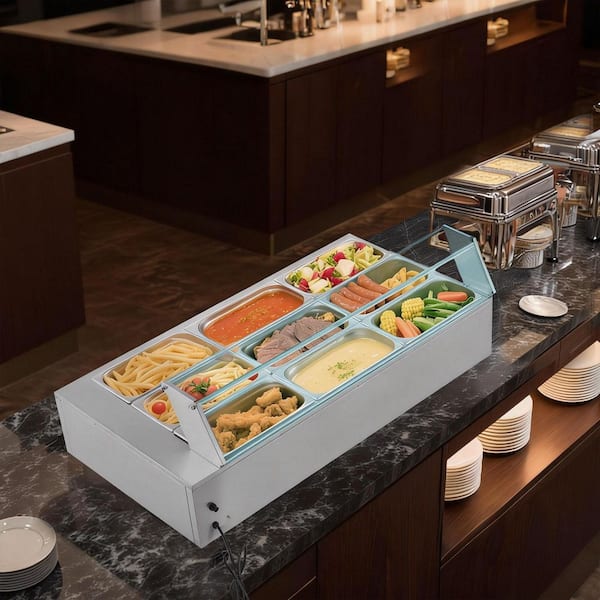 Commercial Food Warmer, 1500W Electric Stainless Steel Steam Food Warmer with Glass Cover, 9-Pan Countertop Buffet
