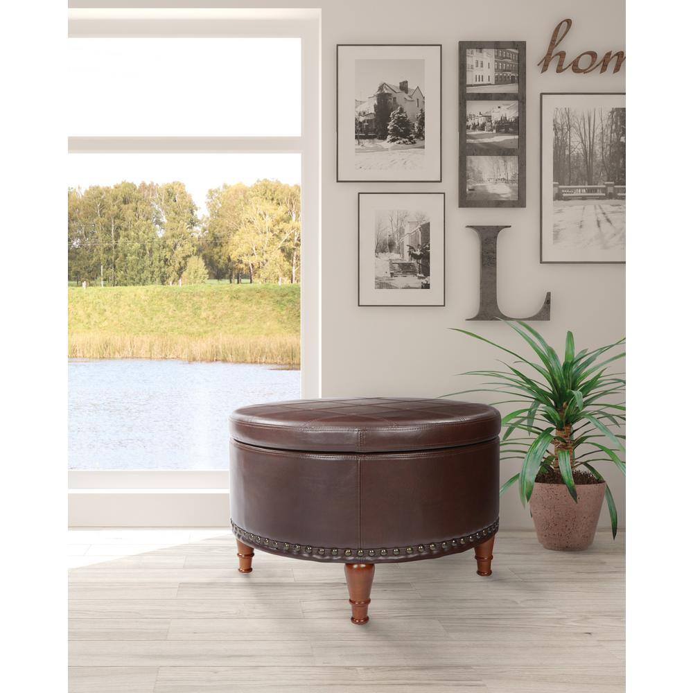 Alloway Espresso 29" Round Storage Ottoman with Tray Top
