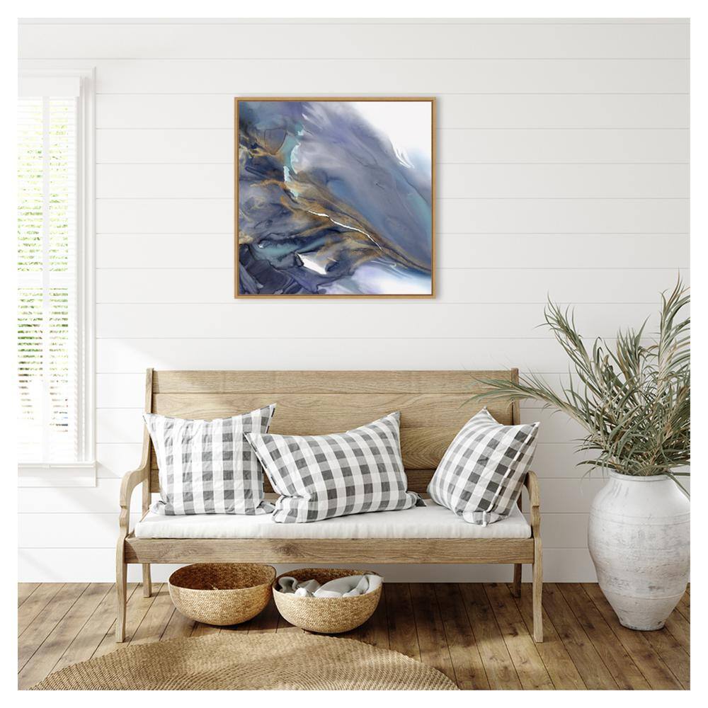 Water Wonder Abstract Blue and Gold Canvas Print with Maple Frame