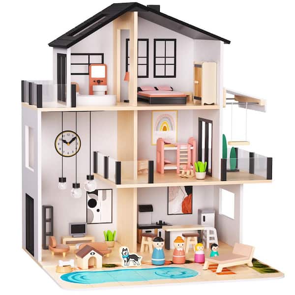 Wooden Dollhouse with 49 Accessories, 5 Rooms, DIY Pool Yard, 4 Dolls  and  Pet, Large Wooden Playhouse Bounce House