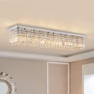 47 in. 10-Lights Silver Modern Flush Mount with K9 Crystal Shade and No Bulbs Included