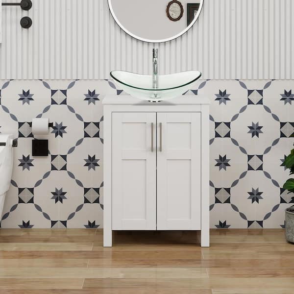 Puluomis 24 in. W x 18.1 in. D x 31.7 in. H Single Sink White Bath Vanity with White Solid Surface Top Transparent Sink