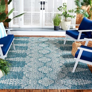 Courtyard Teal/Gray 5 ft. x 8 ft. Distressed Geometric Floral Indoor/Outdoor Area Rug