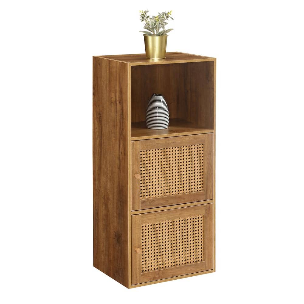 Boho Weave Brown Storage Cabinet with Lockable Shelf, 35.25" Height