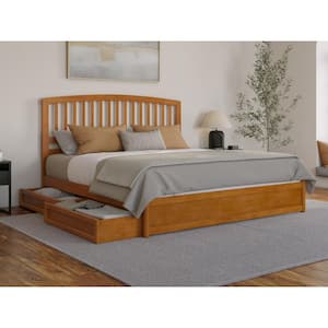 Lucia Light Toffee Natural Bronze Solid Wood Frame King Platform Bed with Panel Footboard Storage Drawers