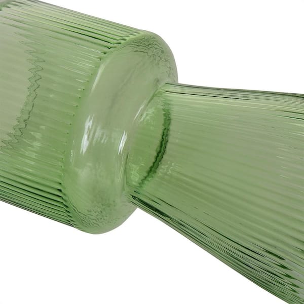 Ribbed Glass Vase with Pedestal Base-Small Bud Vase for Flowers, Round, Decor-Decorative Vase in Green 7.48 in.H