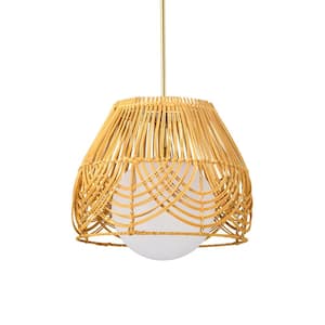 Lotta 13 in. 1-Light Indoor Brass and Woven Rattan Finish Pendant with Light Kit
