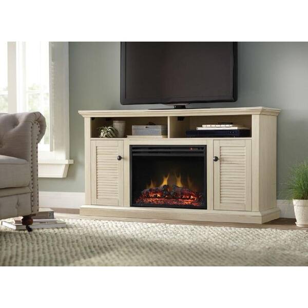 Home Decorators Collection Brivana 60 in. Media Console Electric Fireplace in White Wash with Shutter Doors