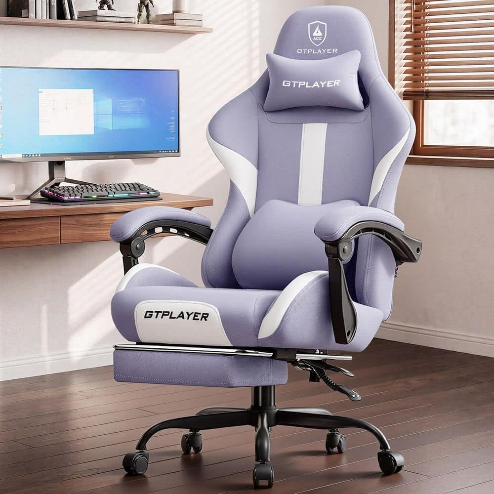 Breathable Fabric Computer Chair with Footrest and Pocket Spring Cushion Ergonomic Gaming Chair, Purple