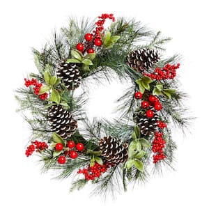 24 in. Artificial Christmas Holly and Pinecone Wreath