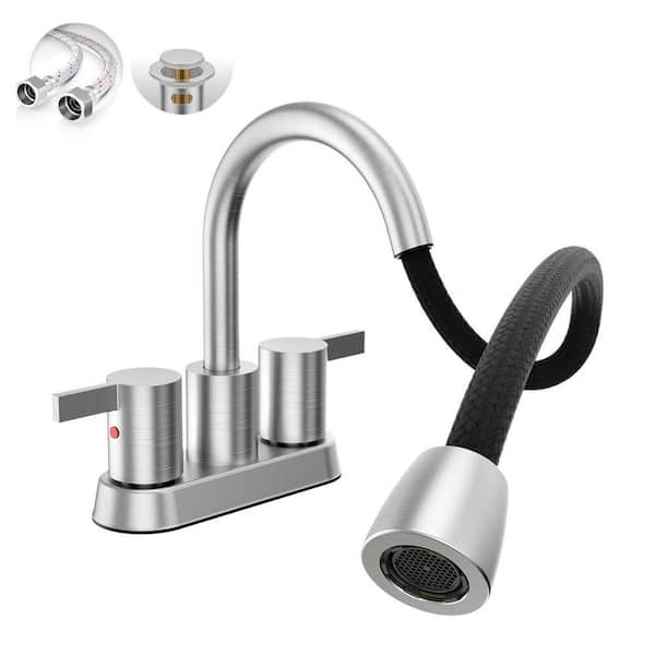 2 Handles 4 in. 3 Hole Centerset Pull Out Bathroom Sink Faucet, with 360 Swivel Spout, Metal Pop-Up Drain