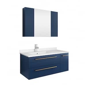 Lucera 36 in. W Wall Hung Bath Vanity in Royal Blue with Quartz Sink Vanity Top in White with White Basin